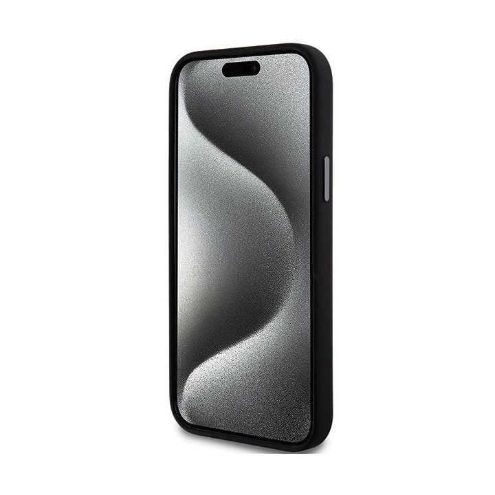 DKNY dėklas iPhone 15 Plus/14 Plus iš skysto silikono su metaliniu logotipu – juodas