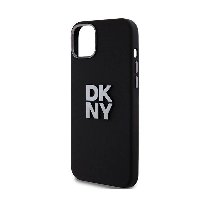 DKNY dėklas iPhone 15 Plus/14 Plus iš skysto silikono su metaliniu logotipu – juodas