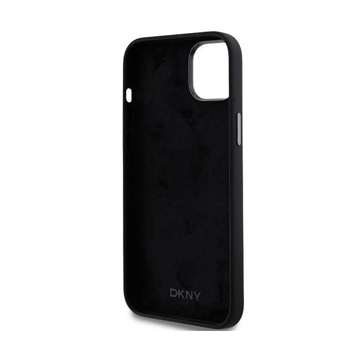 DKNY dėklas iPhone 15 Plus/14 Plus iš skysto silikono su metaliniu logotipu – juodas