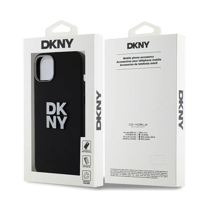 DKNY dėklas iPhone 15 Plus/14 Plus iš skysto silikono su metaliniu logotipu – juodas