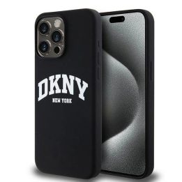DKNY Liquid Silicone White Printed Logo MagSafe dėklas iPhone 15 Pro Max - juodas