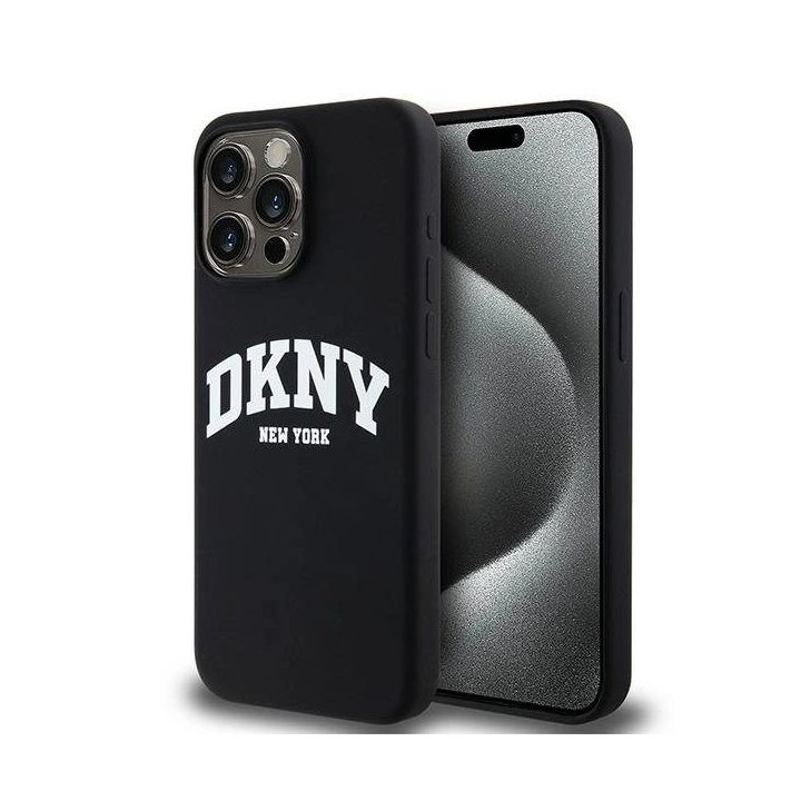 DKNY Liquid Silicone White Printed Logo MagSafe dėklas iPhone 15 Pro Max - juodas