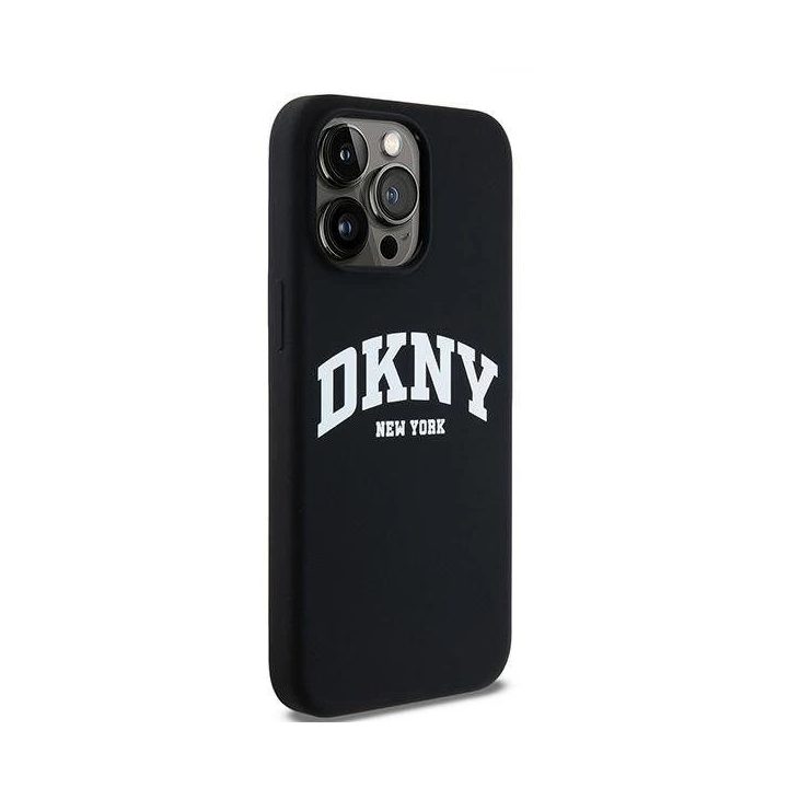 DKNY Liquid Silicone White Printed Logo MagSafe dėklas iPhone 15 Pro Max - juodas