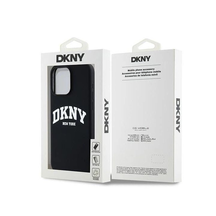 DKNY Liquid Silicone White Printed Logo MagSafe dėklas iPhone 15 Pro Max - juodas