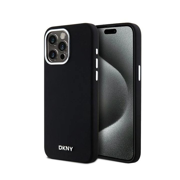 DKNY Liquid Silicone Small Metal Logo MagSafe korpusas iPhone 15 Pro Max - juodas
