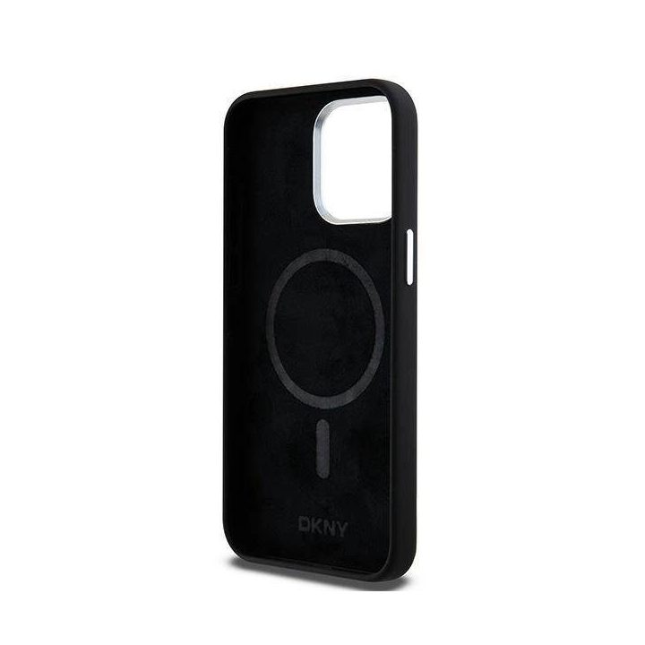 DKNY Liquid Silicone Small Metal Logo MagSafe korpusas iPhone 15 Pro Max - juodas