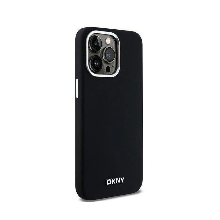 DKNY Liquid Silicone Small Metal Logo MagSafe korpusas iPhone 15 Pro Max - juodas