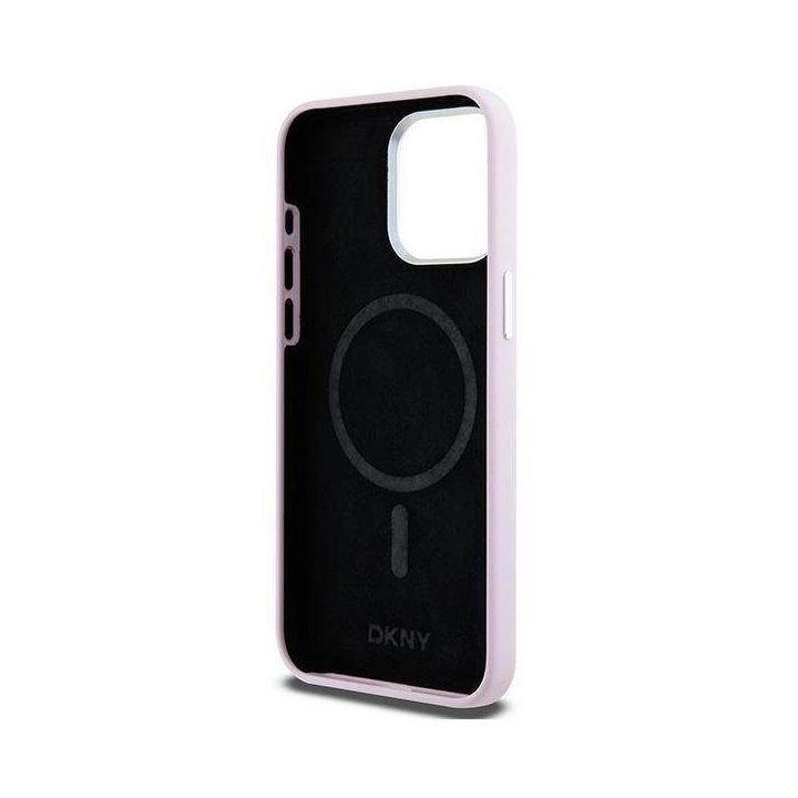 DKNY Liquid Silicone mažas apvalkalas su metaliniu MagSafe logotipui iPhone 15 Pro Max - rausva
