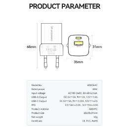 WWCEAC GaN USB C 33 W sieninis įkroviklis – baltas