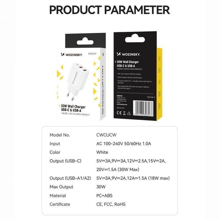 30W USB A sieninis kroviklis – baltas