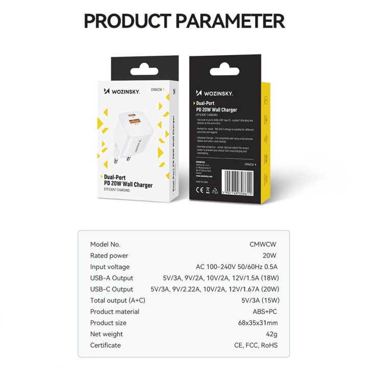20W USB A sieninis įkroviklis - baltas