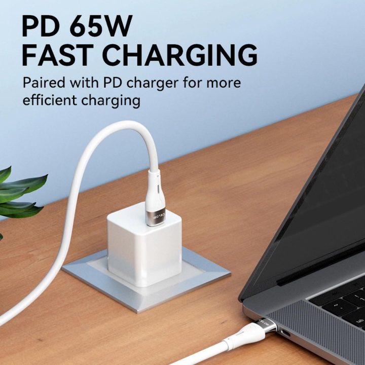 USB C PD 65W kabelis 2 m - baltos spalvos