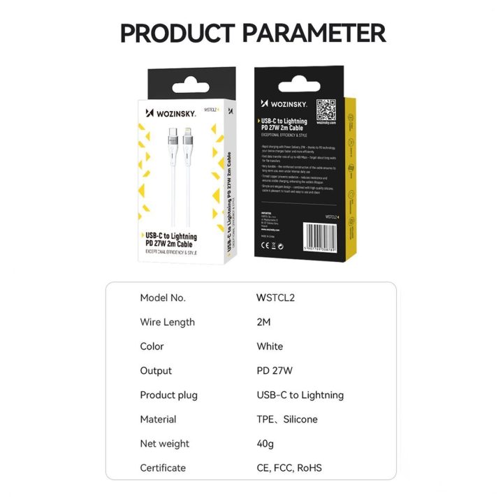 Lightning“ / USB-C PD 27 W kabelis, 1 m – baltas