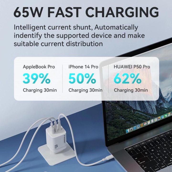 65W USB C GaN sieninis įkroviklis - baltas