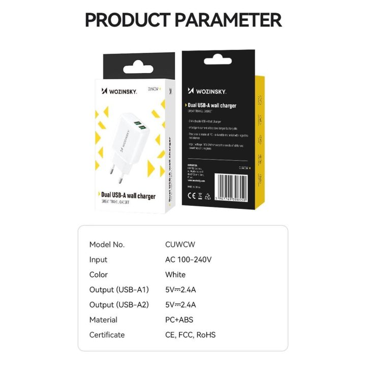 2.4A 2 x USB-A sieninis įkroviklis - baltas