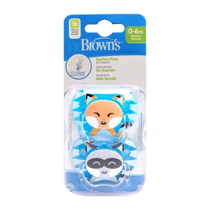 Dr.Browns PV12015 Smulkynas PreVent Drugelis 0-6 mėn. Gyvūnėlių kolekcija, mėlyna, 2 vnt.
