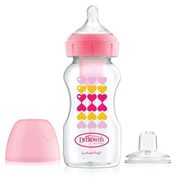 Dr. Browns buteliukas plačiu kakleliu 270 ml WB91604, dekoruotas 6+ čiulptuku ir nepralaidžiu antgaliu – rožinės spalvos