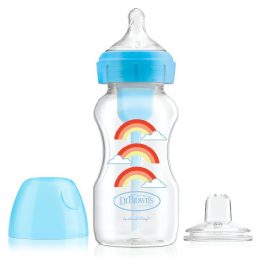 Dr. Browns WB91605 Buteliukas platus kakliukas 270 ml Options + papuoštas čiulptuku 6+ mėn. ir nekvarnuojančiu kandikliu, mėlyna