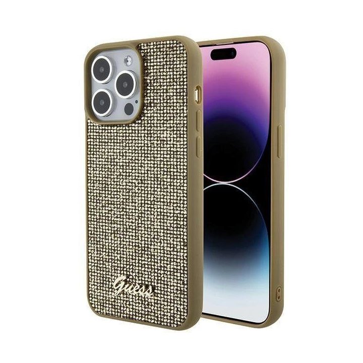 Guess Disco Metal Script dėklas su raštais iPhone 15 Pro Max - auksinis