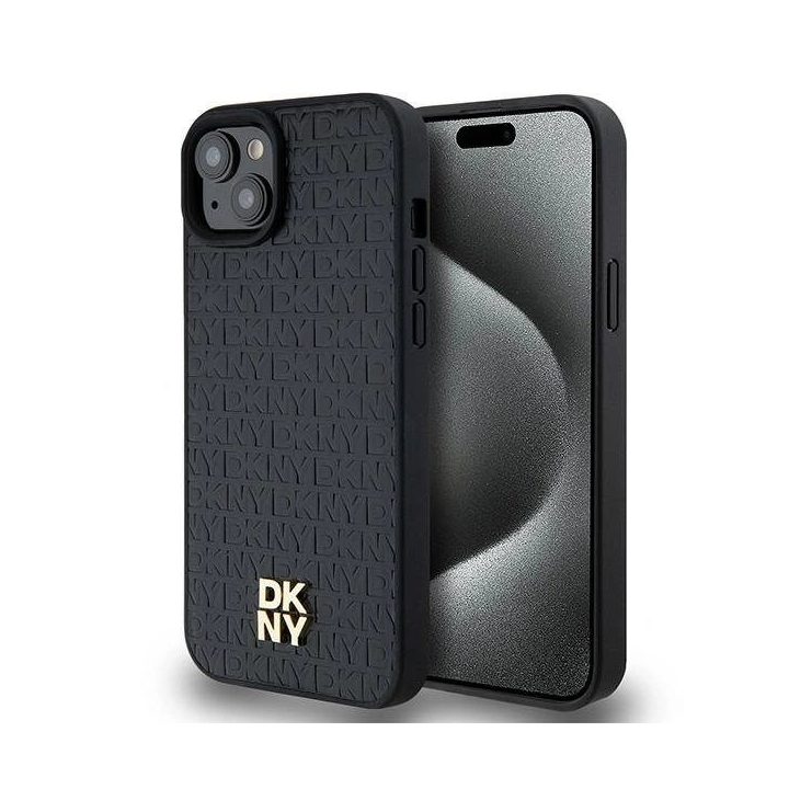 DKNY oda su monogramine, metaliniu logotipu ir MagSafe“ dėklas iPhone 15 Plus“ / 14 Plus“ – juodas