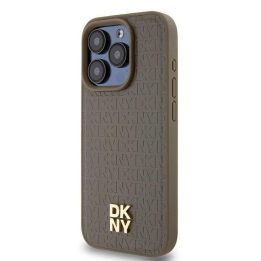 DKNY Odinės faktūros Metal Logo MagSafe“ dėklas iPhone 14 Pro“ telefonui – rudas