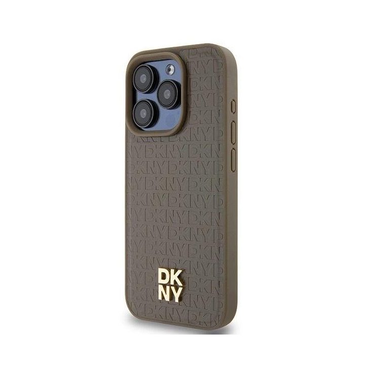DKNY Odinės faktūros Metal Logo MagSafe“ dėklas iPhone 14 Pro“ telefonui – rudas
