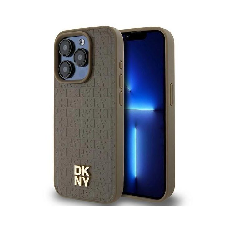 DKNY Odinės faktūros Metal Logo MagSafe“ dėklas iPhone 14 Pro“ telefonui – rudas
