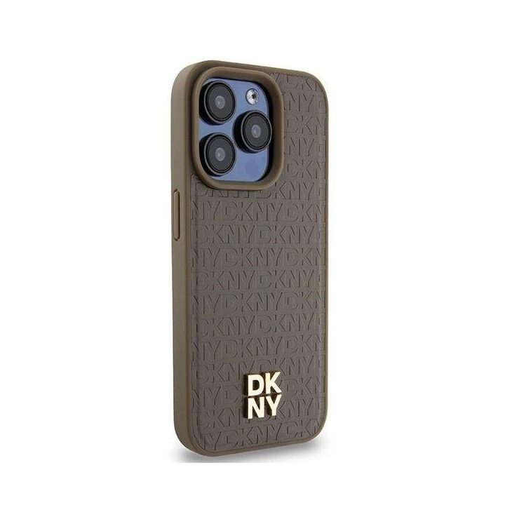 DKNY Odinės faktūros Metal Logo MagSafe“ dėklas iPhone 14 Pro“ telefonui – rudas