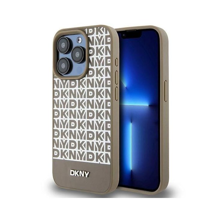 DKNY odinis, su išspausdintu raštu, metaliniu logotipu ir MagSafe“ dėklas iPhone 15 Pro Max“ – rudas