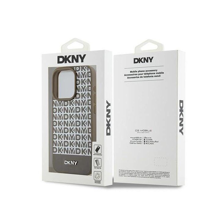 DKNY odinis, su išspausdintu raštu, metaliniu logotipu ir MagSafe“ dėklas iPhone 15 Pro Max“ – rudas