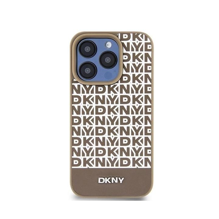 DKNY odinis, su išspausdintu raštu, metaliniu logotipu ir MagSafe“ dėklas iPhone 15 Pro Max“ – rudas