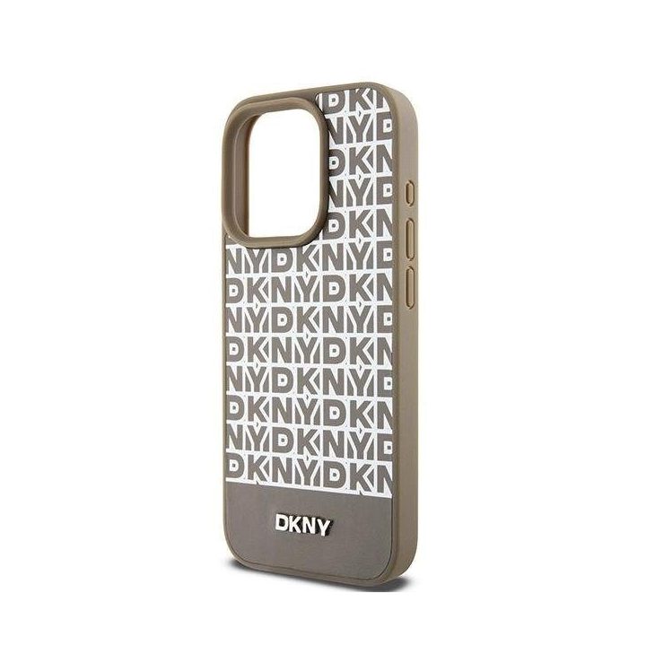 DKNY odinis, su išspausdintu raštu, metaliniu logotipu ir MagSafe“ dėklas iPhone 15 Pro Max“ – rudas