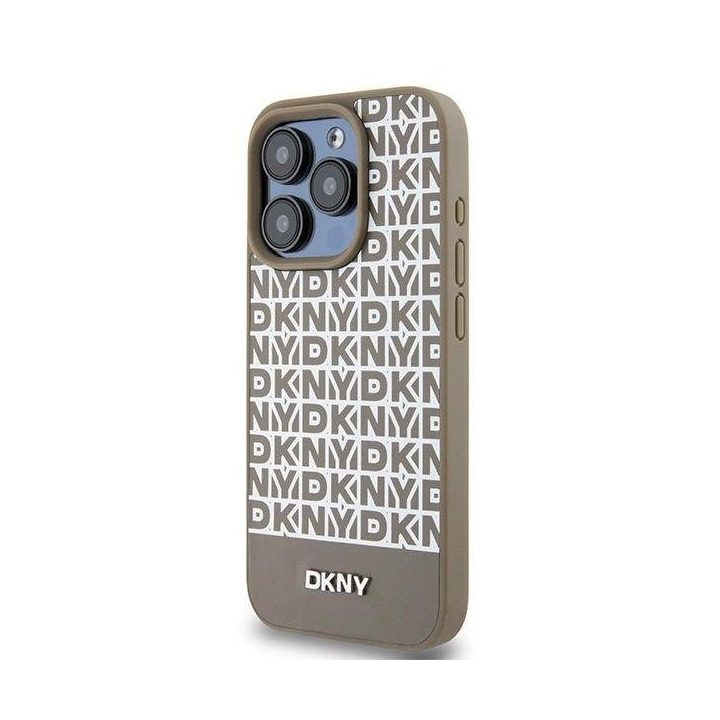 DKNY odinis, su išspausdintu raštu, metaliniu logotipu ir MagSafe“ dėklas iPhone 15 Pro Max“ – rudas