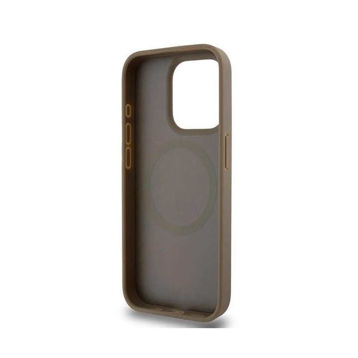 DKNY odinis dėklas su metaliniu logotipu MagSafe iPhone 14 Pro Max telefonui - rudos spalvos
