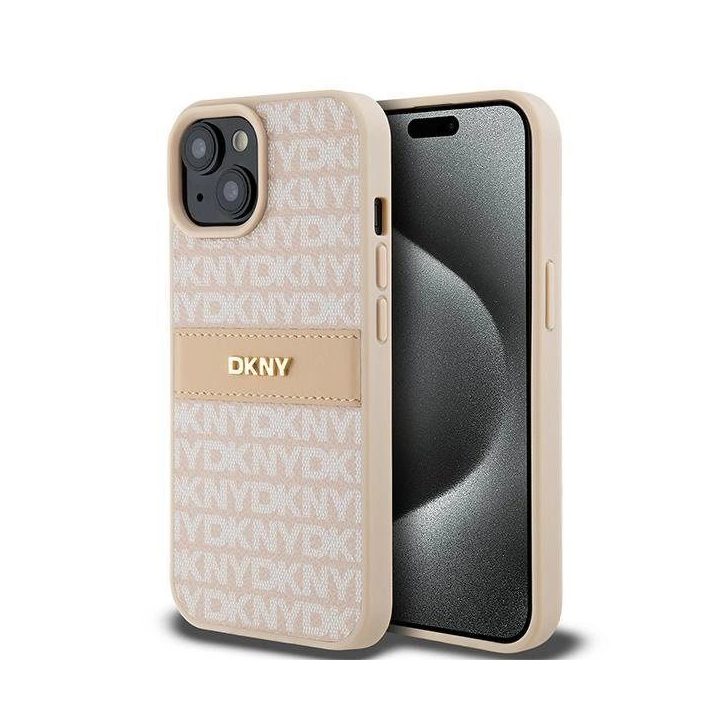 DKNY Leather Mono Stripe & Metal Logo dėklas iPhone 15 / 14 / 13 - rožinis