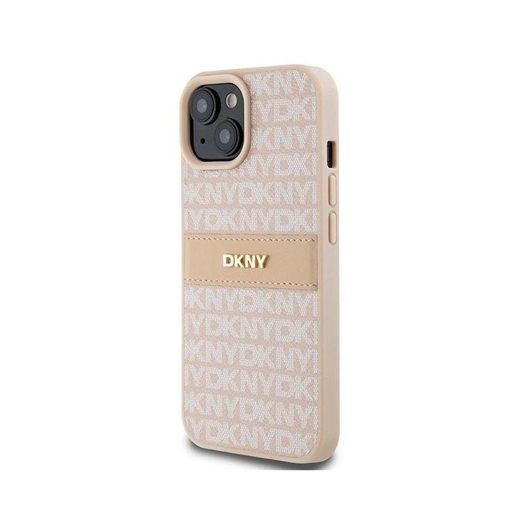 DKNY Leather Mono Stripe & Metal Logo dėklas iPhone 15 / 14 / 13 - rožinis