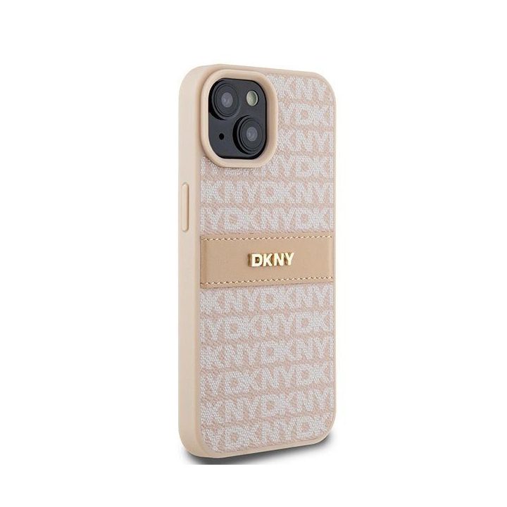 DKNY Leather Mono Stripe & Metal Logo dėklas iPhone 15 / 14 / 13 - rožinis