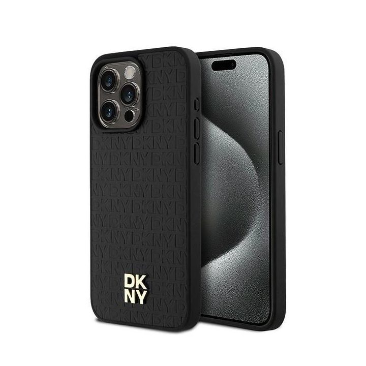 DKNY odinis monogramos rašto metalinis logotipas MagSafe dėklas skirtas iPhone 15 Pro Max – juodas