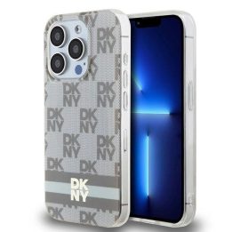 DKNY IML kvadratėlių mono rašto ir spausdintų juostelių MagSafe dėklas iPhone 15 Pro telefonui – smėlinis
