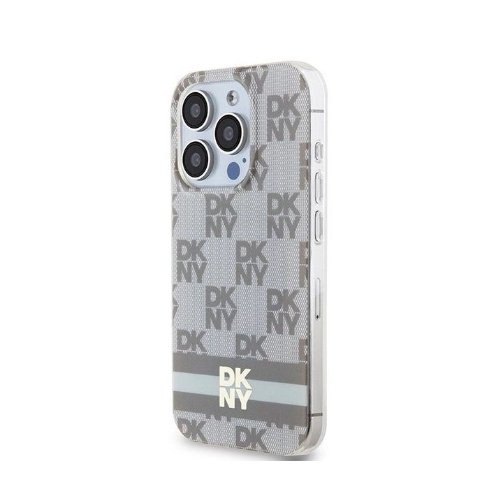 DKNY IML kvadratėlių mono rašto ir spausdintų juostelių MagSafe dėklas iPhone 15 Pro telefonui – smėlinis