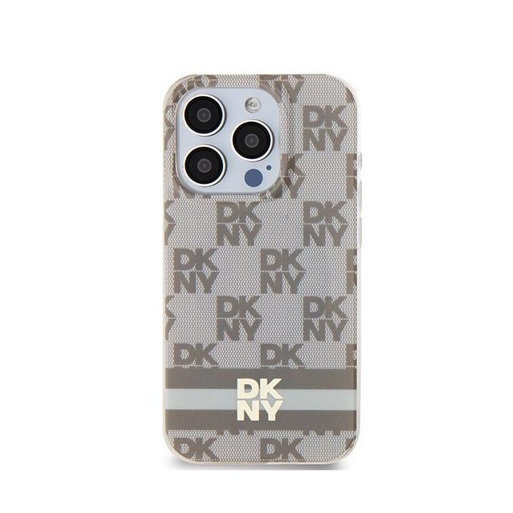 DKNY IML kvadratėlių mono rašto ir spausdintų juostelių MagSafe dėklas iPhone 15 Pro telefonui – smėlinis
