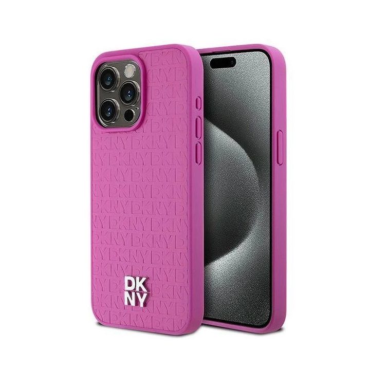 DKNY Leather Monogram Pattern Metal Logo MagSafe korpusas iPhone 15 Pro Max“ – rausvas