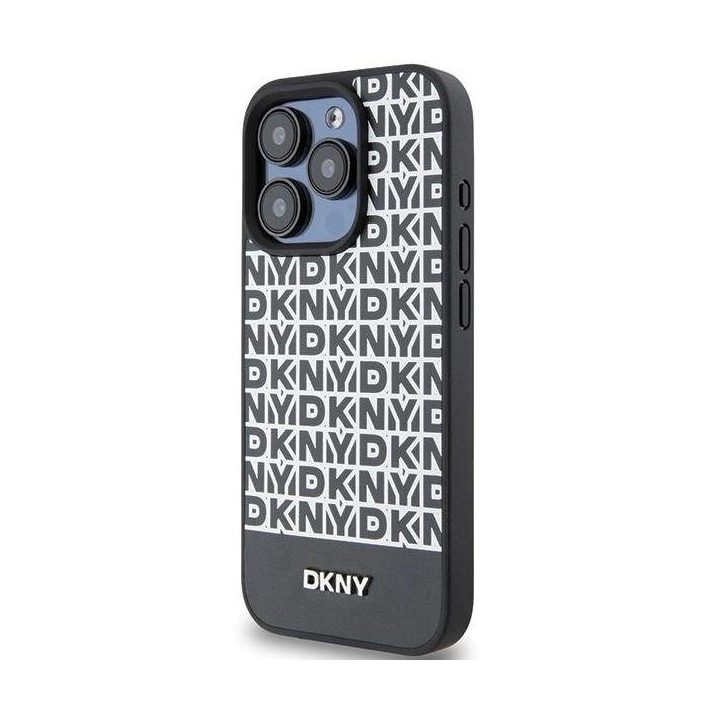 DKNY odinis dėklas su metaliniu logotipu ir atspausdintu raštu MagSafe“ iPhone 15 Pro Max – juodas