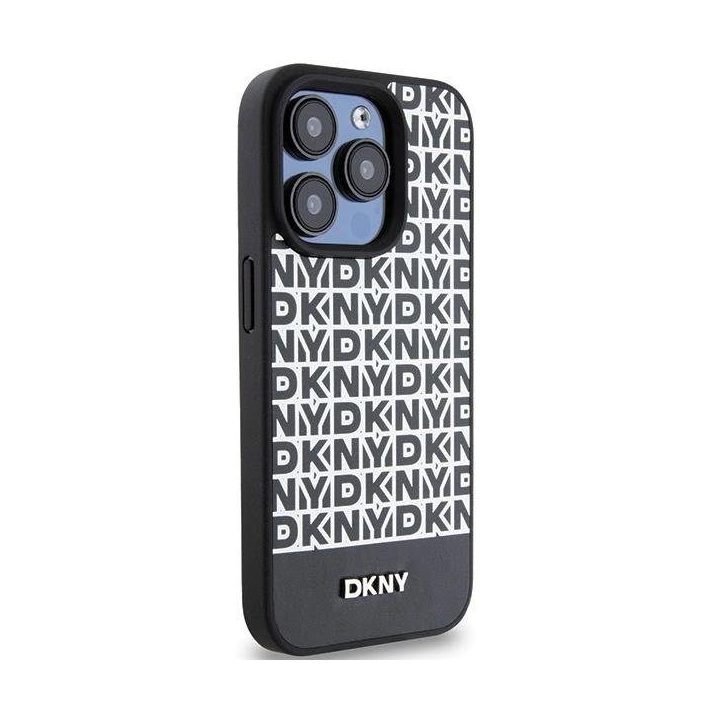 DKNY odinis dėklas su metaliniu logotipu ir atspausdintu raštu MagSafe“ iPhone 15 Pro Max – juodas