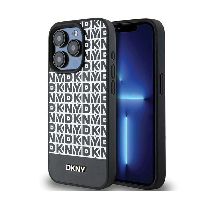 DKNY odinis dėklas su metaliniu logotipu ir atspausdintu raštu MagSafe“ iPhone 15 Pro Max – juodas