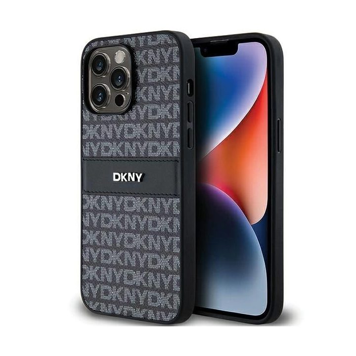 DKNY Leather Mono Stripe & Metal Logo dėklas iPhone 14 Pro - juodas