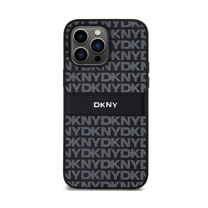 DKNY Leather Mono Stripe & Metal Logo dėklas iPhone 14 Pro - juodas