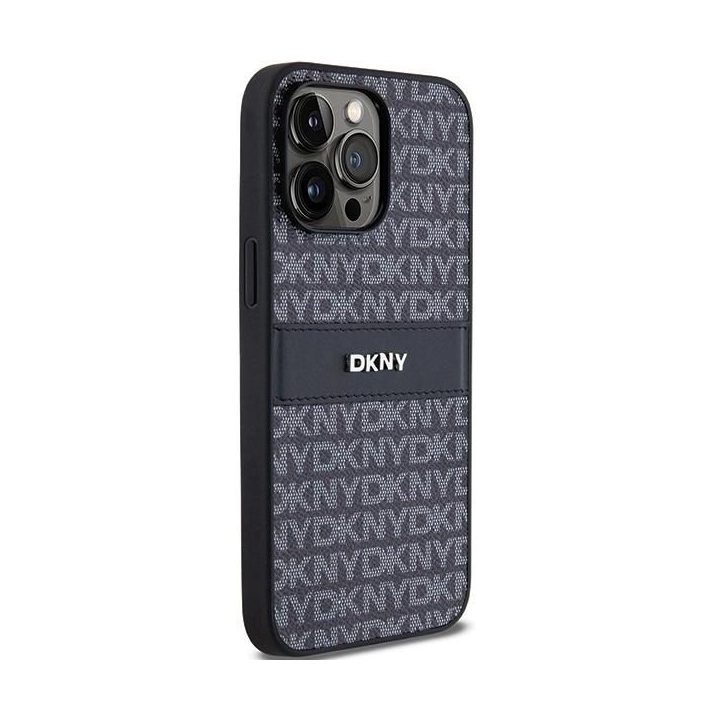 DKNY Leather Mono Stripe & Metal Logo dėklas iPhone 14 Pro - juodas