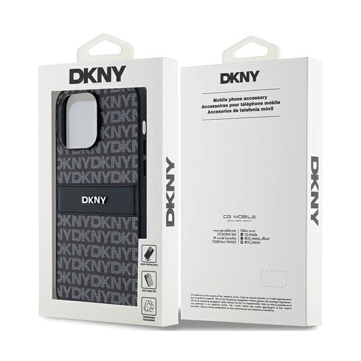 DKNY Leather Mono Stripe & Metal Logo dėklas iPhone 14 Pro - juodas