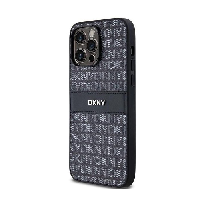 DKNY Leather Mono Stripe & Metal Logo dėklas iPhone 14 Pro - juodas